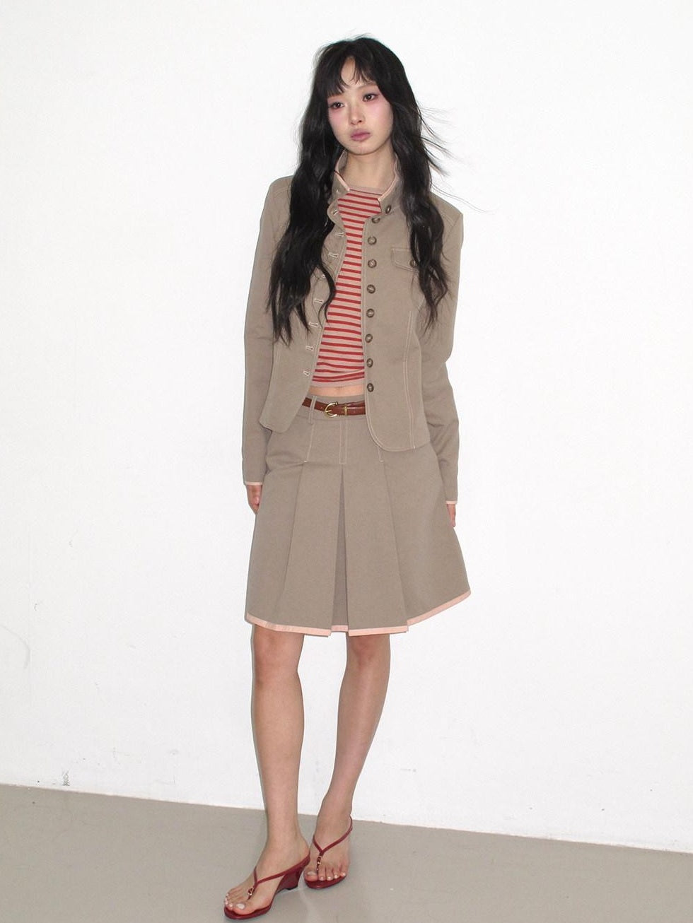lvetong Contrast Striped Slim Street Stand Collar Button Khaki Top &amp; Skirt Sets