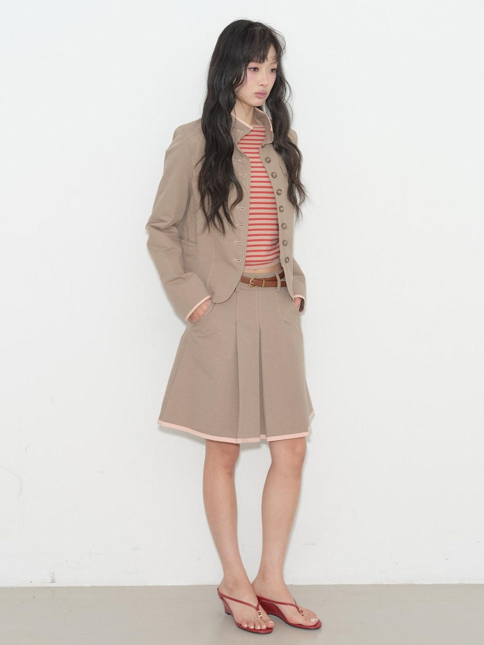 lvetong Contrast Striped Slim Street Stand Collar Button Khaki Top &amp; Skirt Sets