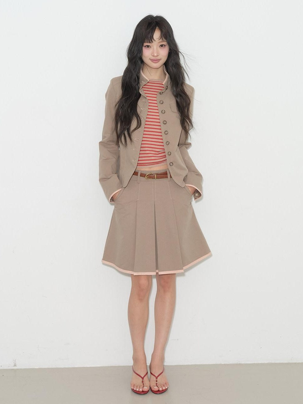 lvetong Contrast Striped Slim Street Stand Collar Button Khaki Top &amp; Skirt Sets