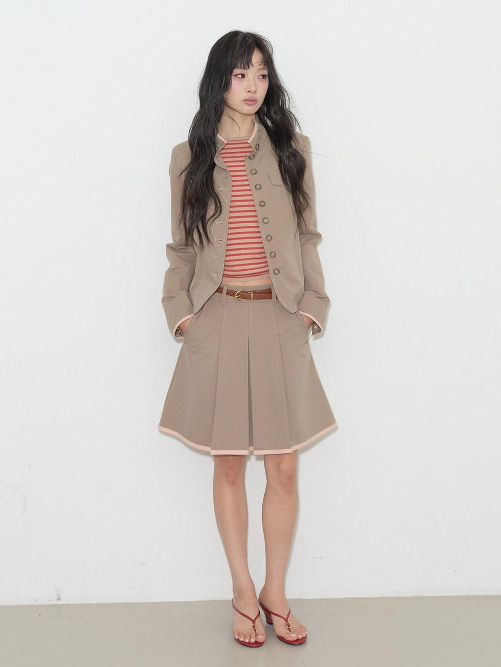 lvetong Contrast Striped Slim Street Stand Collar Button Khaki Top &amp; Skirt Sets