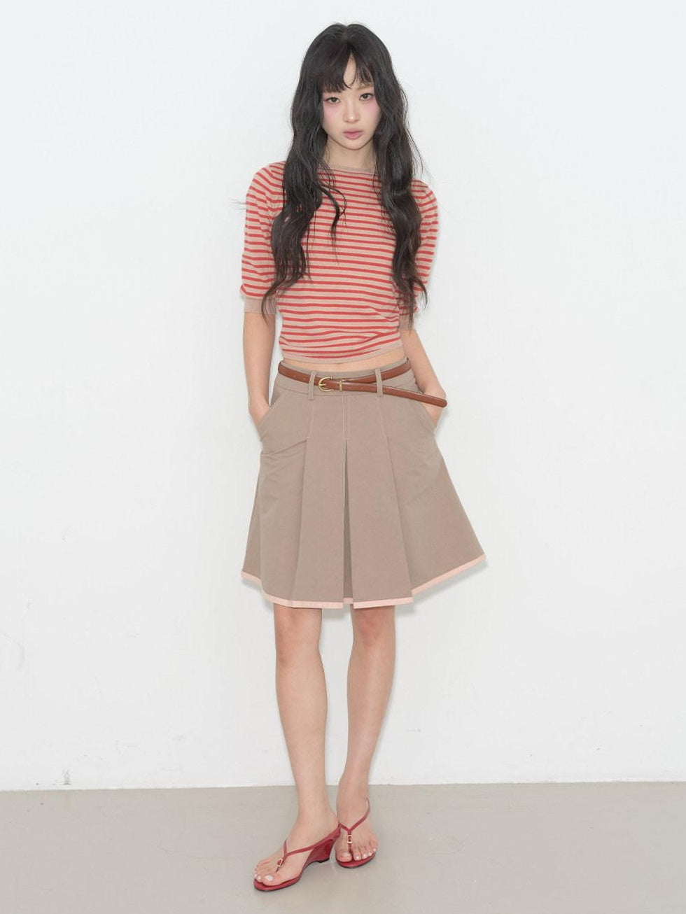 lvetong Contrast Striped Slim Street Stand Collar Button Khaki Top &amp; Skirt Sets