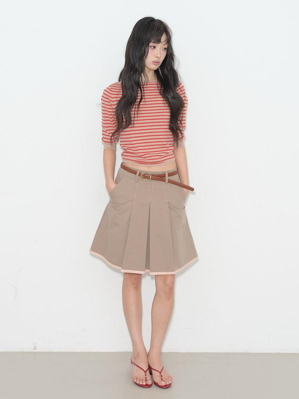 lvetong Contrast Striped Slim Street Stand Collar Button Khaki Top &amp; Skirt Sets