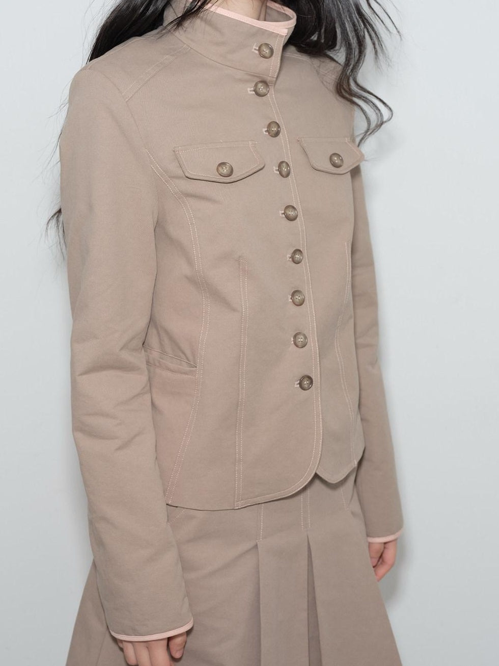 lvetong Contrast Striped Slim Street Stand Collar Button Khaki Top &amp; Skirt Sets