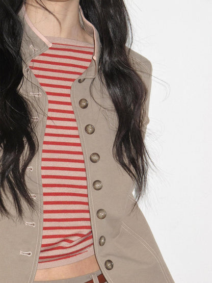 lvetong Contrast Striped Slim Street Stand Collar Button Khaki Top &amp; Skirt Sets