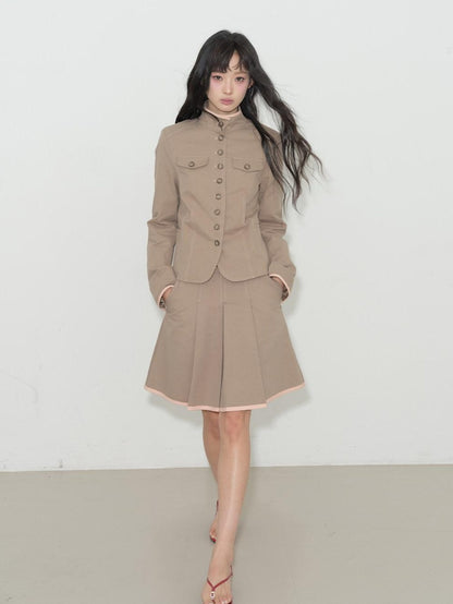 lvetong Contrast Striped Slim Street Stand Collar Button Khaki Top &amp; Skirt Sets
