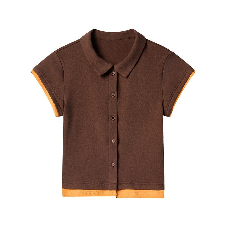 lvetong Cotton Mix Slim Street Polo Button Cropped Paneled Brown Short Sleeve T-Shirts