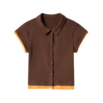 lvetong Cotton Mix Slim Street Polo Button Cropped Paneled Brown Short Sleeve T-Shirts