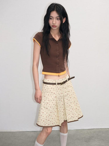 lvetong Cotton Mix Slim Street Polo Button Cropped Paneled Brown Short Sleeve T-Shirts