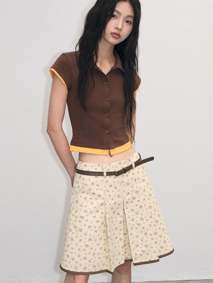 lvetong Cotton Mix Slim Street Polo Button Cropped Paneled Brown Short Sleeve T-Shirts