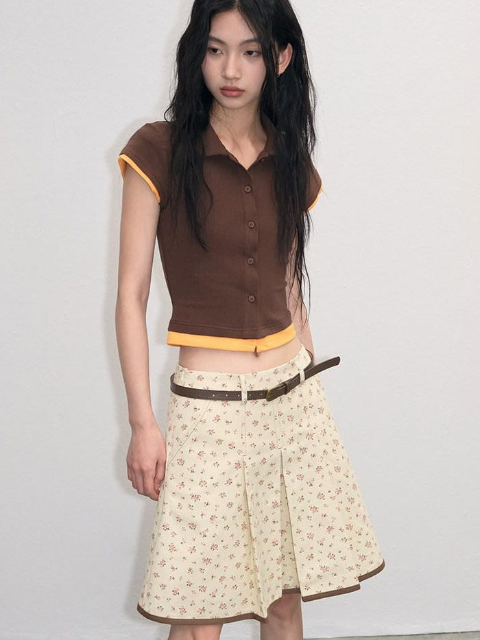 lvetong Cotton Mix Slim Street Polo Button Cropped Paneled Brown Short Sleeve T-Shirts