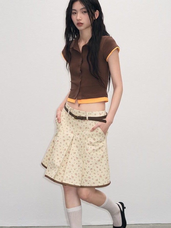 lvetong Cotton Mix Slim Street Polo Button Cropped Paneled Brown Short Sleeve T-Shirts