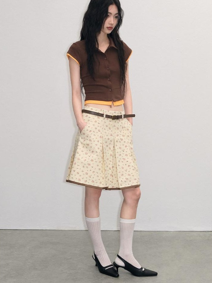 lvetong Cotton Mix Slim Street Polo Button Cropped Paneled Brown Short Sleeve T-Shirts
