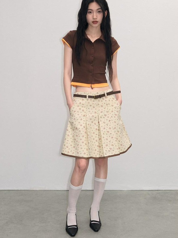 lvetong Cotton Mix Slim Street Polo Button Cropped Paneled Brown Short Sleeve T-Shirts