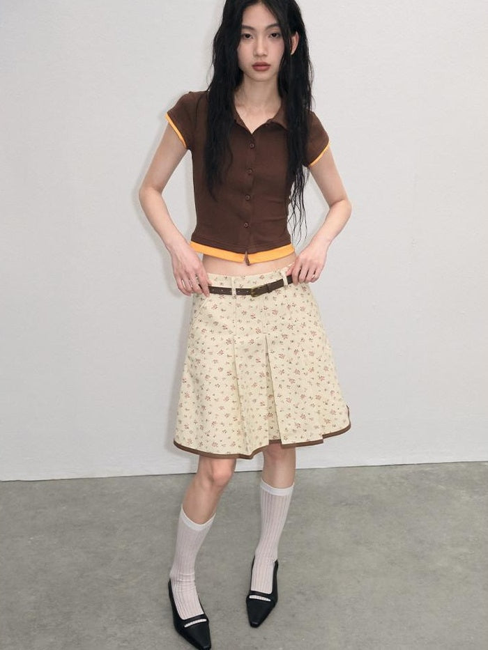 lvetong Cotton Mix Slim Street Polo Button Cropped Paneled Brown Short Sleeve T-Shirts