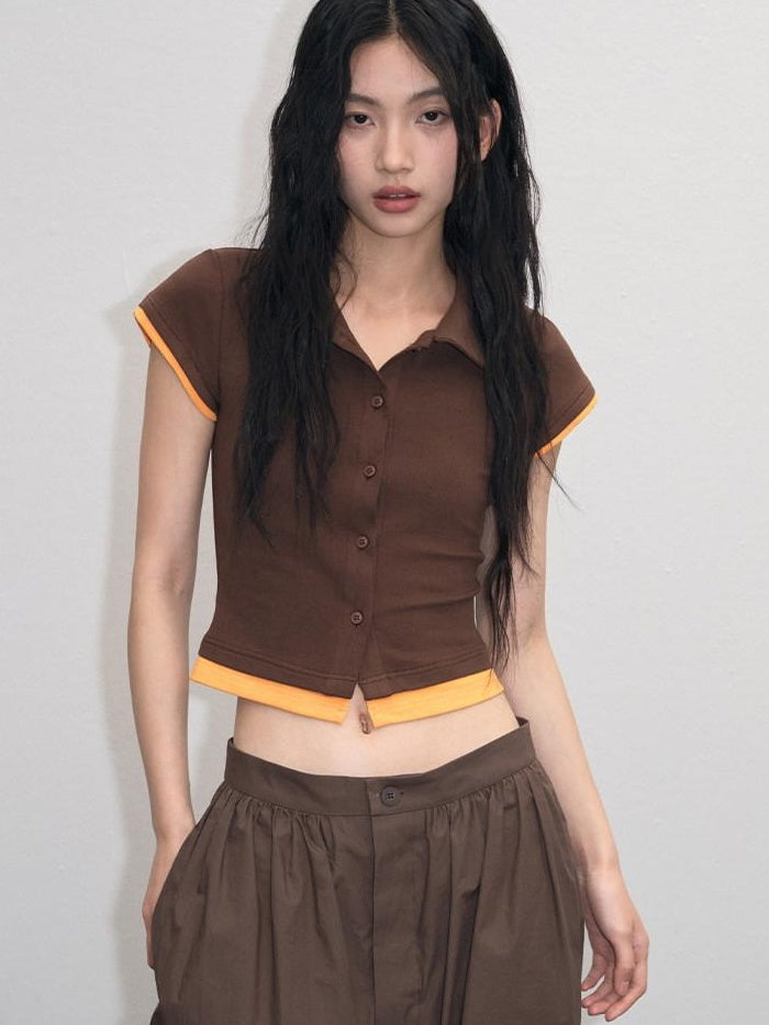 lvetong Cotton Mix Slim Street Polo Button Cropped Paneled Brown Short Sleeve T-Shirts