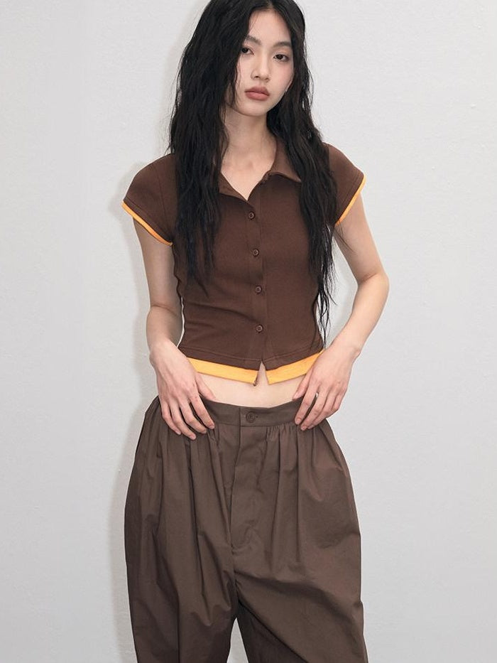 lvetong Cotton Mix Slim Street Polo Button Cropped Paneled Brown Short Sleeve T-Shirts