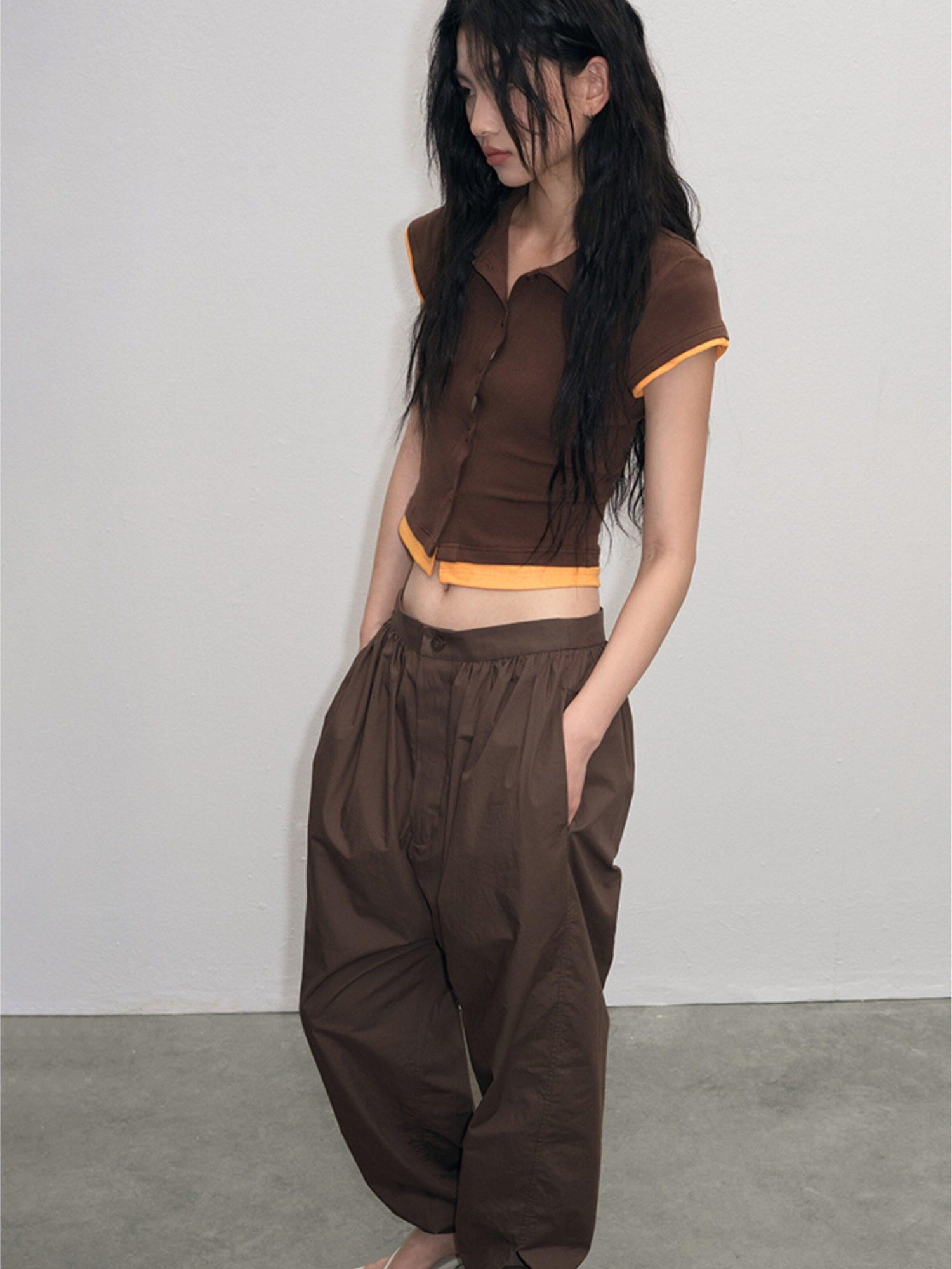lvetong Cotton Mix Slim Street Polo Button Cropped Paneled Brown Short Sleeve T-Shirts