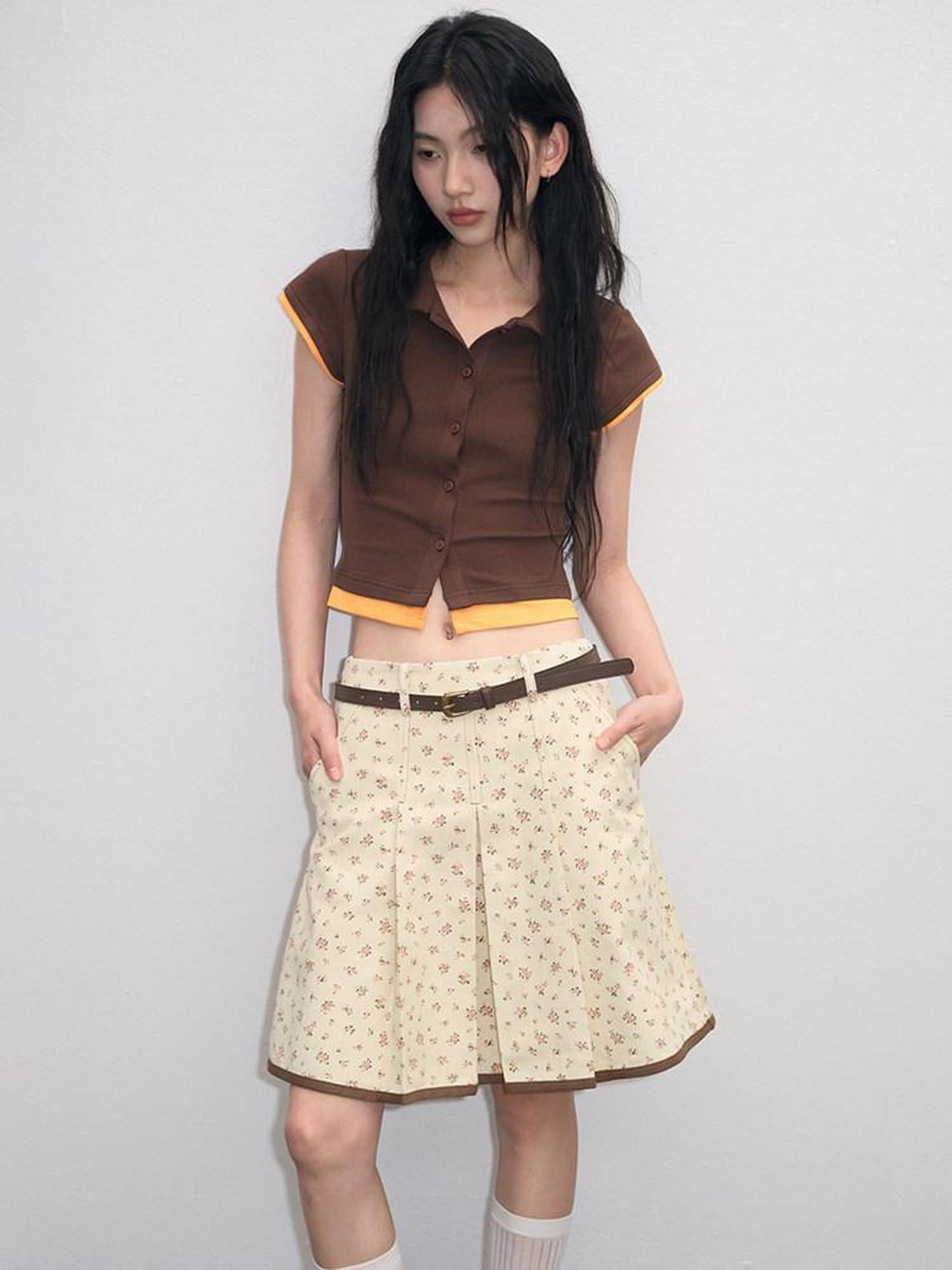 lvetong Cotton Mix Slim Street Polo Button Cropped Paneled Brown Short Sleeve T-Shirts