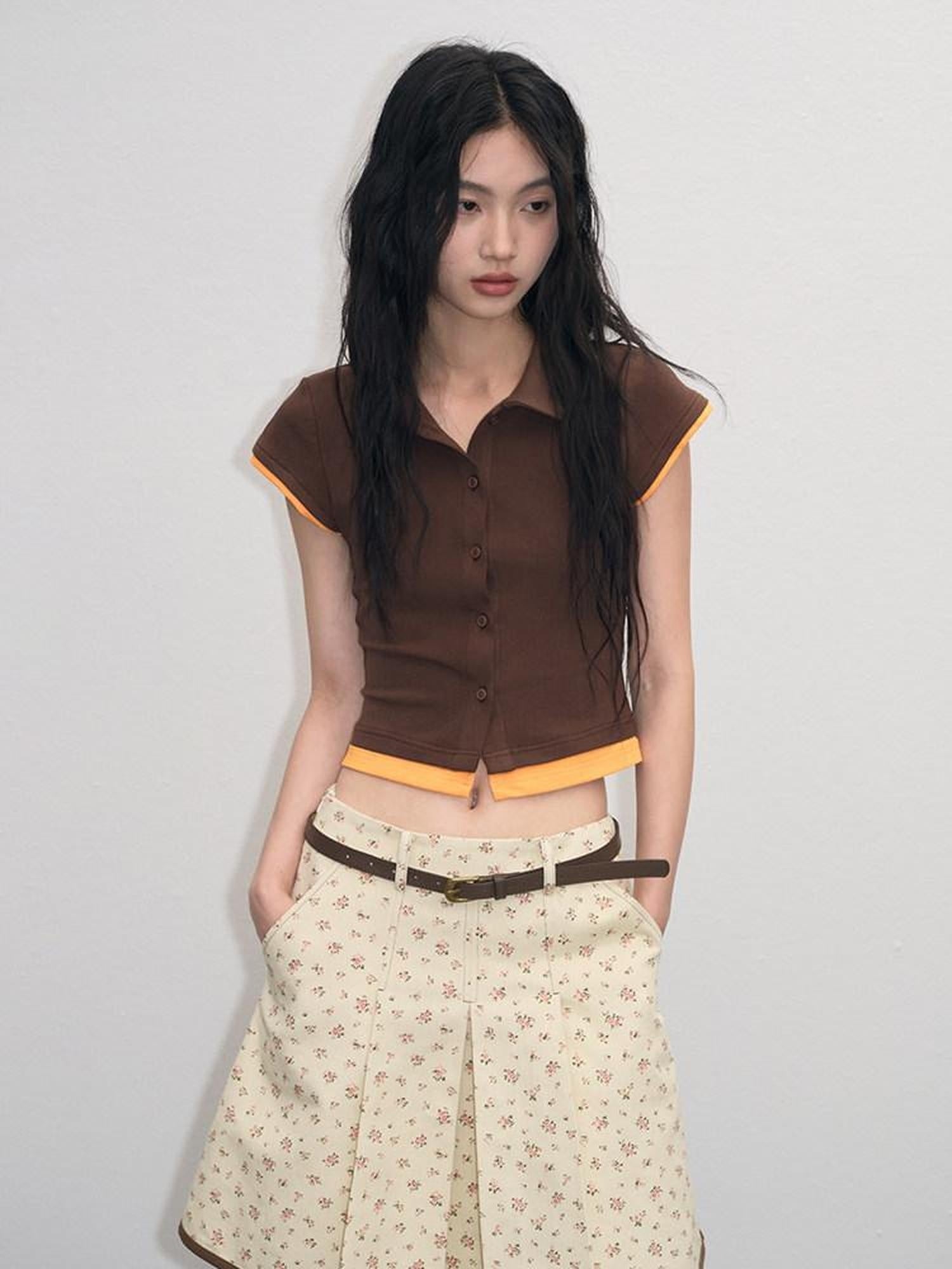 lvetong Cotton Mix Slim Street Polo Button Cropped Paneled Brown Short Sleeve T-Shirts