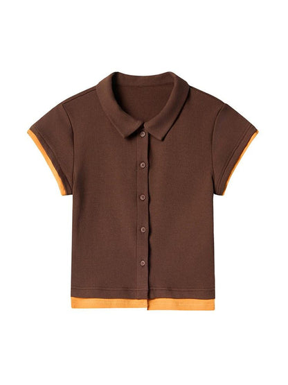 lvetong Cotton Mix Slim Street Polo Button Cropped Paneled Brown Short Sleeve T-Shirts