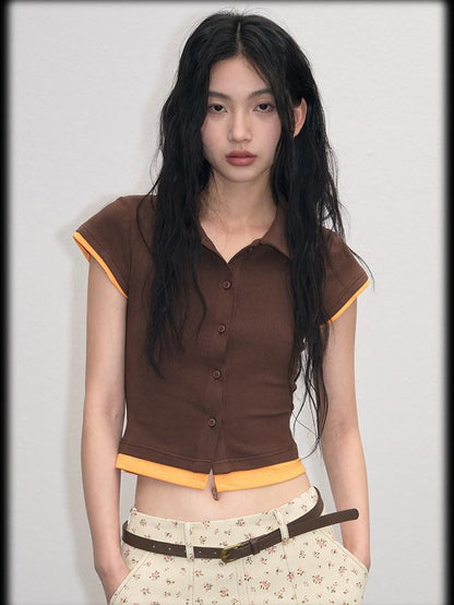 lvetong Cotton Mix Slim Street Polo Button Cropped Paneled Brown Short Sleeve T-Shirts