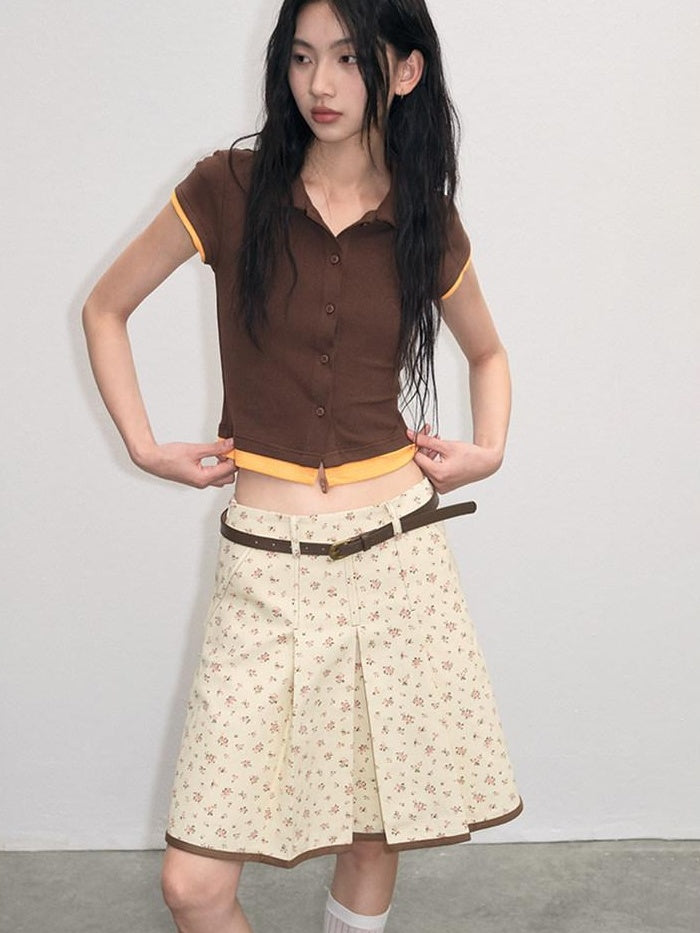 lvetong Cotton Mix Slim Street Polo Button Cropped Paneled Brown Short Sleeve T-Shirts