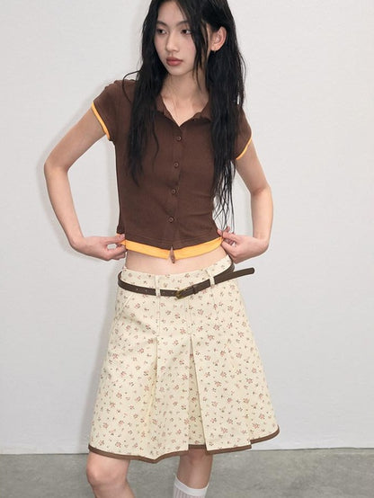 lvetong Cotton Mix Slim Street Polo Button Cropped Paneled Brown Short Sleeve T-Shirts