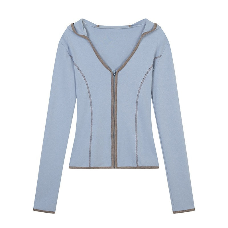 lvetong_Cotton_Zip_V-neck_Long_Sleeve_Chic_Young_Women_Blue_Brown_Top_&amp;_Skirt_Sets_MISSTT