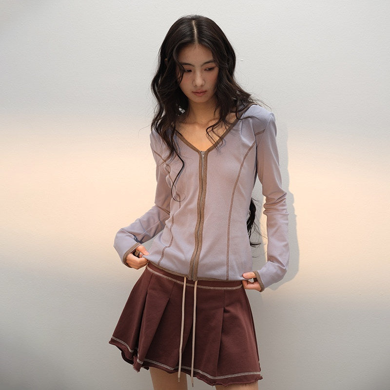 lvetong_Cotton_Zip_V-neck_Long_Sleeve_Chic_Young_Women_Blue_Brown_Top_&amp;_Skirt_Sets_MISSTT