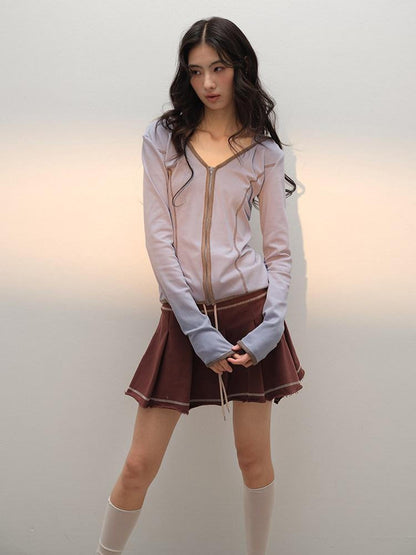 lvetong Cotton Zip V-neck Long Sleeve Chic Young Women Blue Brown Top &amp; Skirt Sets
