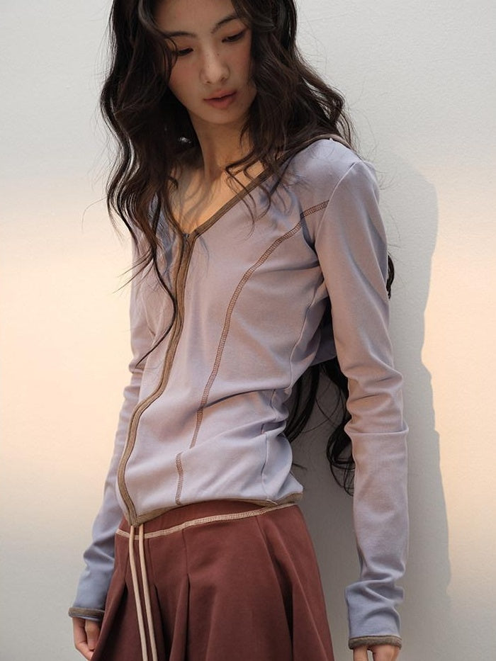 lvetong Cotton Zip V-neck Long Sleeve Chic Young Women Blue Brown Top &amp; Skirt Sets