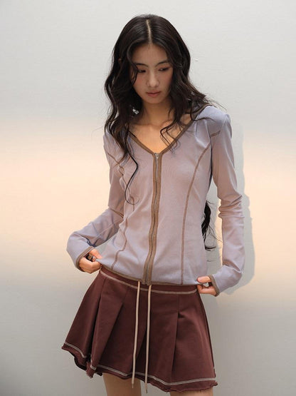 lvetong Cotton Zip V-neck Long Sleeve Chic Young Women Blue Brown Top &amp; Skirt Sets
