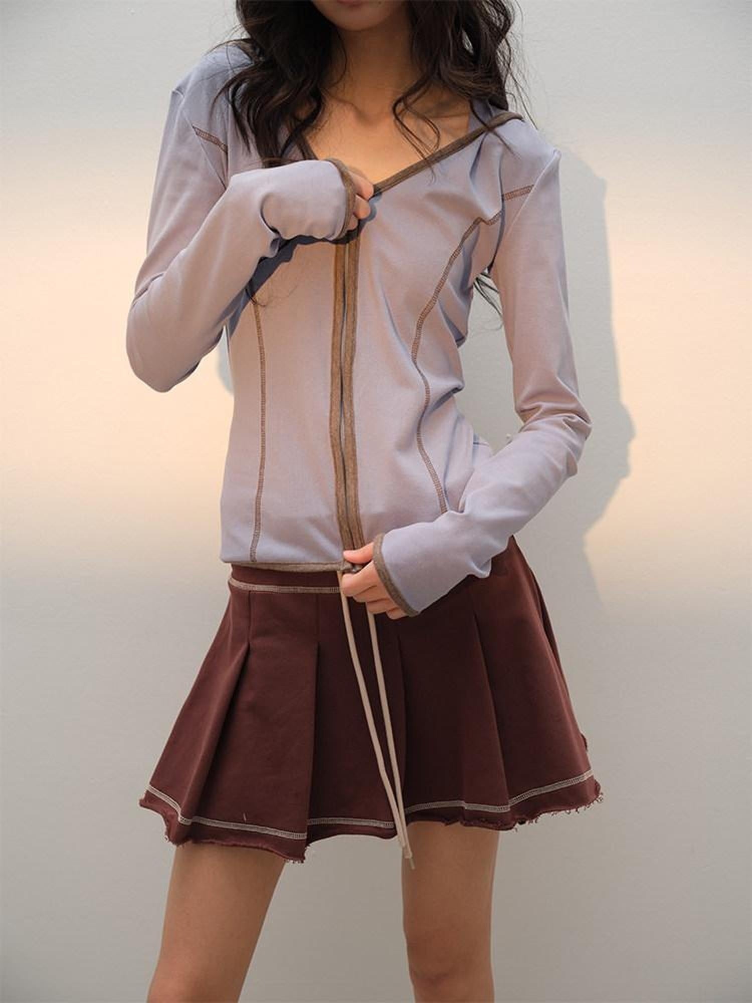 lvetong Cotton Zip V-neck Long Sleeve Chic Young Women Blue Brown Top &amp; Skirt Sets