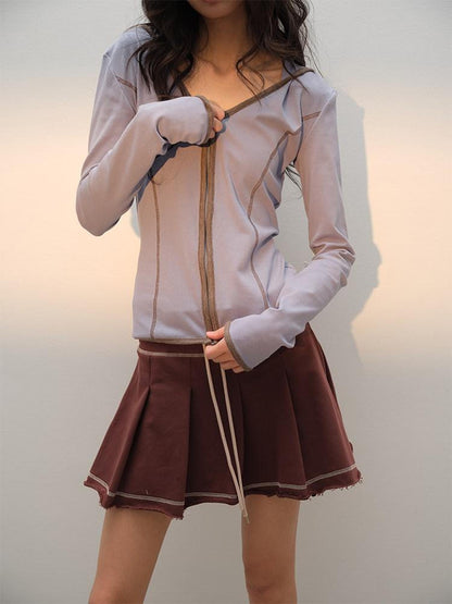 lvetong Cotton Zip V-neck Long Sleeve Chic Young Women Blue Brown Top &amp; Skirt Sets