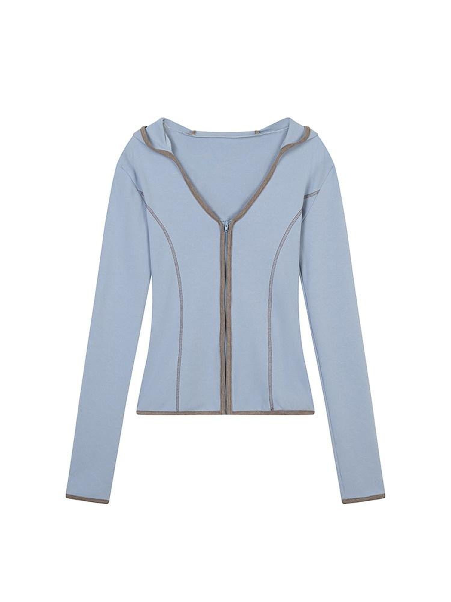 lvetong Cotton Zip V-neck Long Sleeve Chic Young Women Blue Brown Top &amp; Skirt Sets