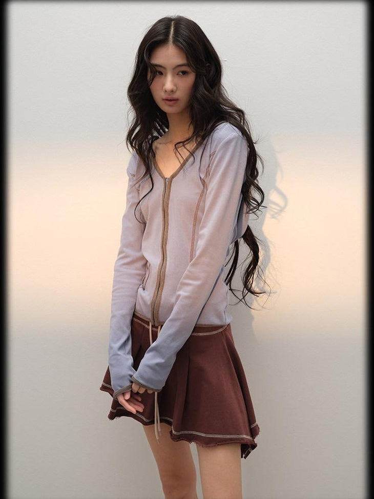 lvetong Cotton Zip V-neck Long Sleeve Chic Young Women Blue Brown Top &amp; Skirt Sets