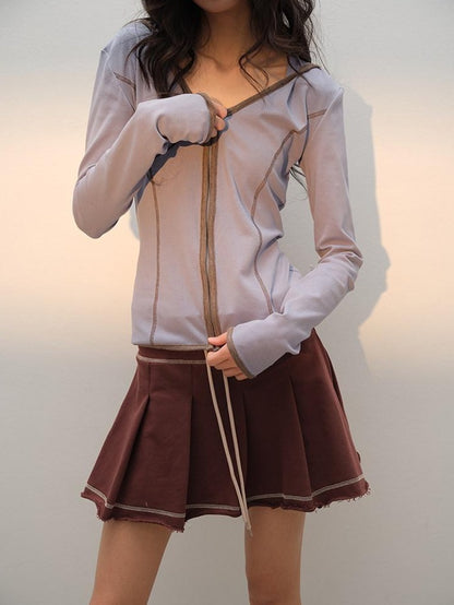 lvetong Cotton Zip V-neck Long Sleeve Chic Young Women Blue Brown Top &amp; Skirt Sets