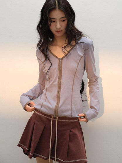 lvetong Cotton Zip V-neck Long Sleeve Chic Young Women Blue Brown Top &amp; Skirt Sets