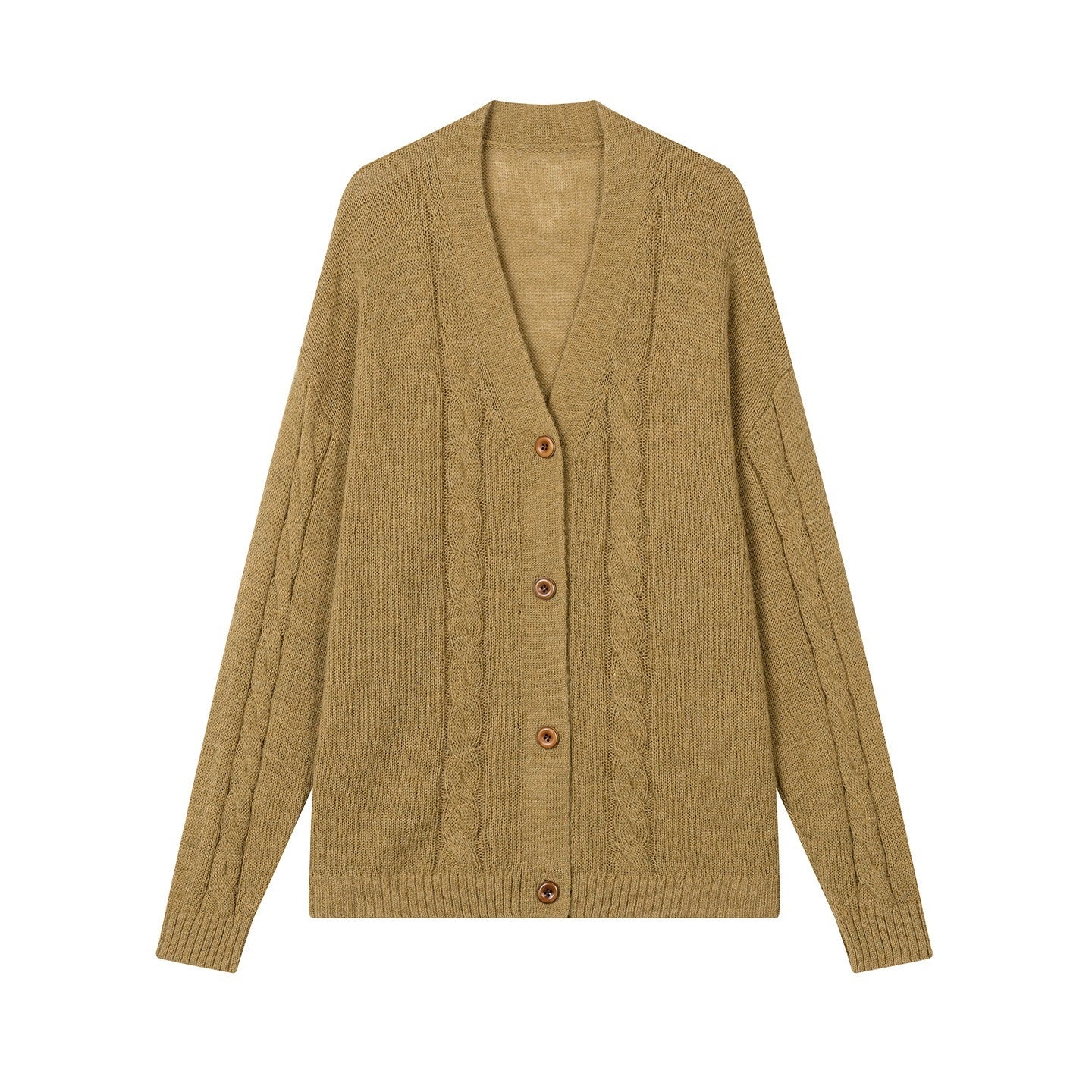 lvetong Cozy Knit Loose Fit Street Style Button Front Round Neck Green Women Cardigans