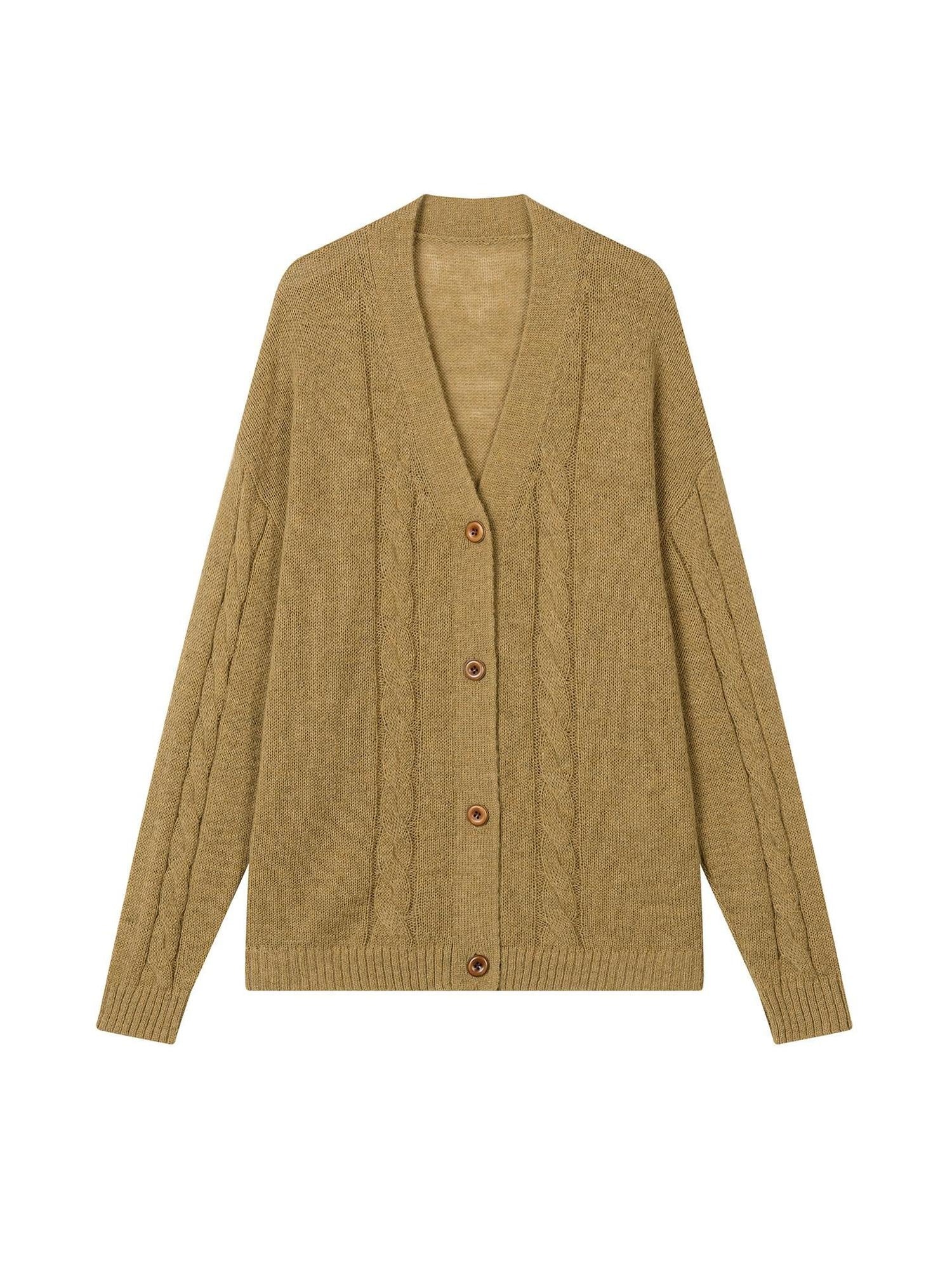 lvetong Cozy Knit Loose Fit Street Style Button Front Round Neck Green Women Cardigans