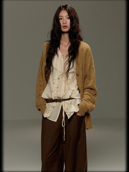 lvetong Cozy Knit Loose Fit Street Style Button Front Round Neck Green Women Cardigans