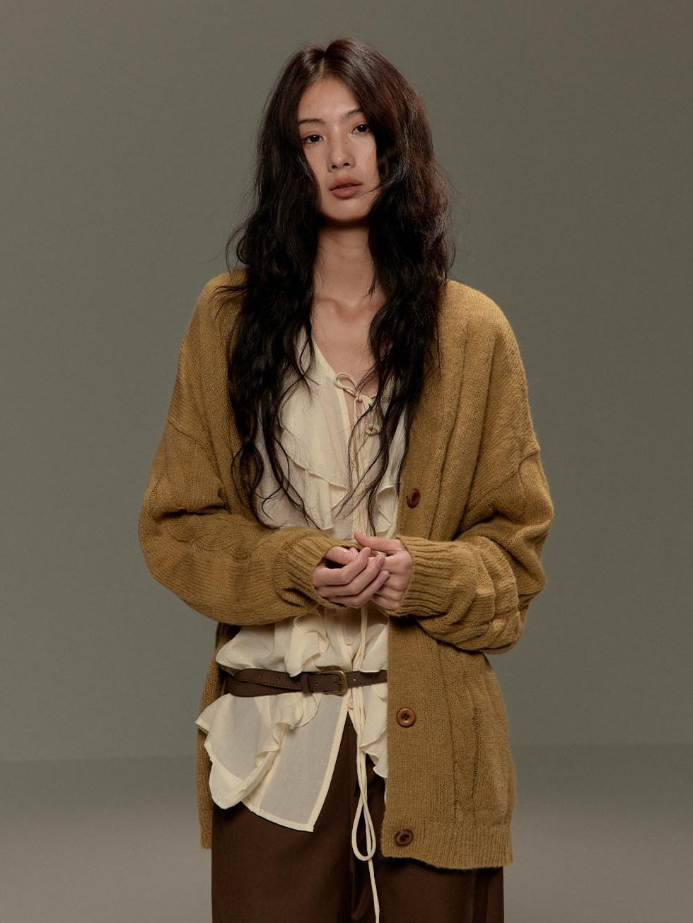 lvetong Cozy Knit Loose Fit Street Style Button Front Round Neck Green Women Cardigans