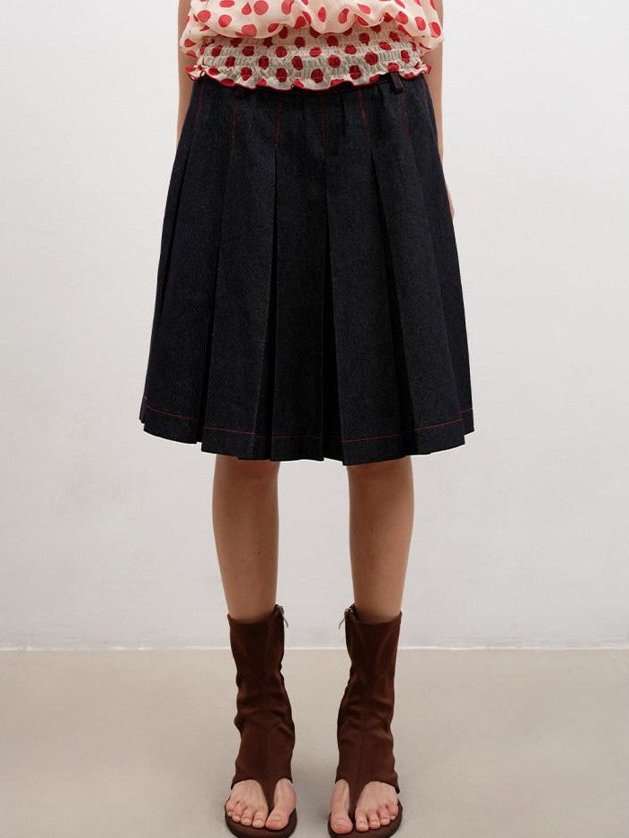 lvetong Denim Blue Pressed Pleats Aline Mid Waist Women&