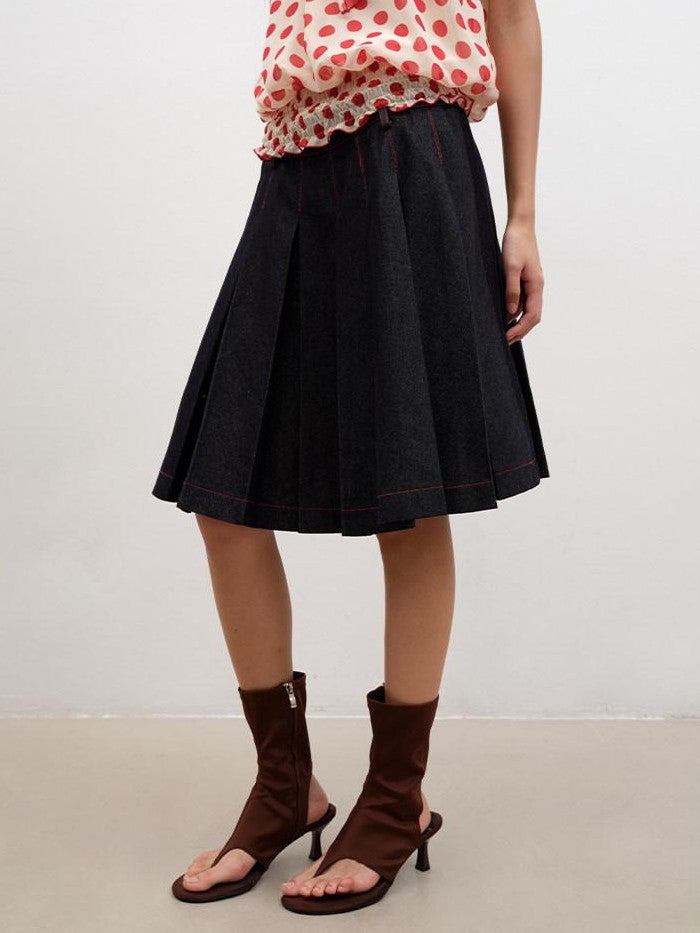 lvetong Denim Blue Pressed Pleats Aline Mid Waist Women&