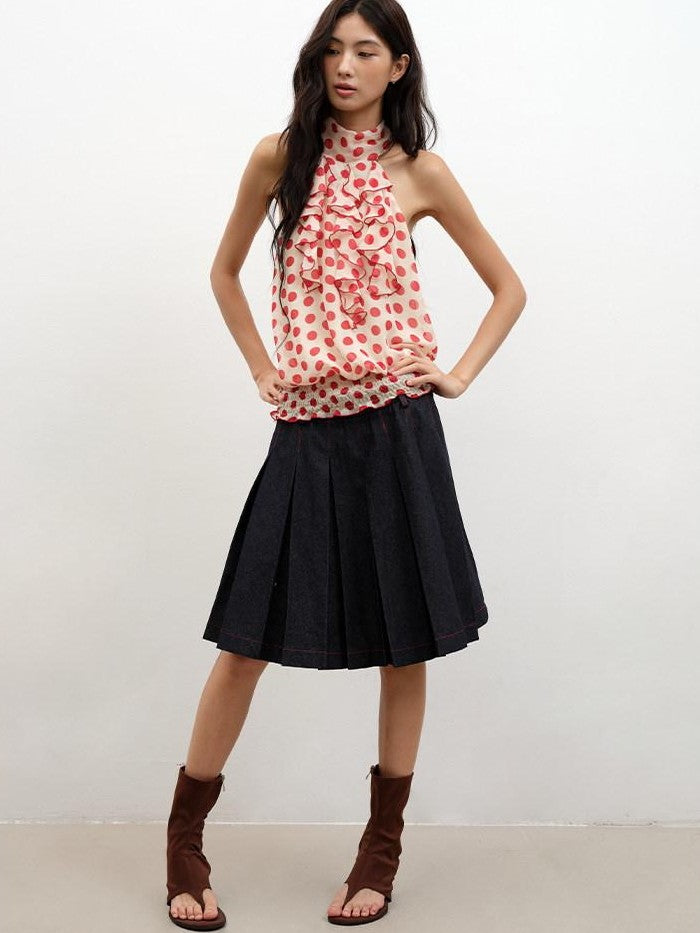 lvetong Denim Blue Pressed Pleats Aline Mid Waist Women&
