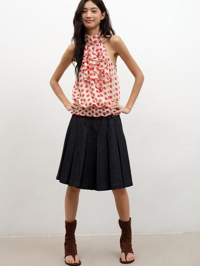 lvetong Denim Blue Pressed Pleats Aline Mid Waist Women&