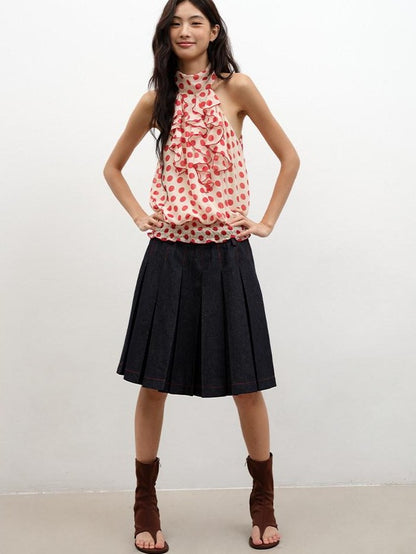 lvetong Denim Blue Pressed Pleats Aline Mid Waist Women&