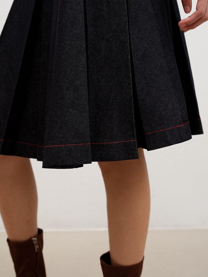 lvetong Denim Blue Pressed Pleats Aline Mid Waist Women&
