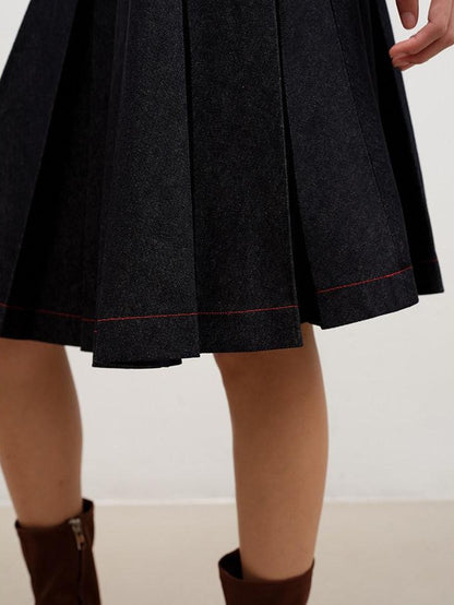 lvetong Denim Blue Pressed Pleats Aline Mid Waist Women&
