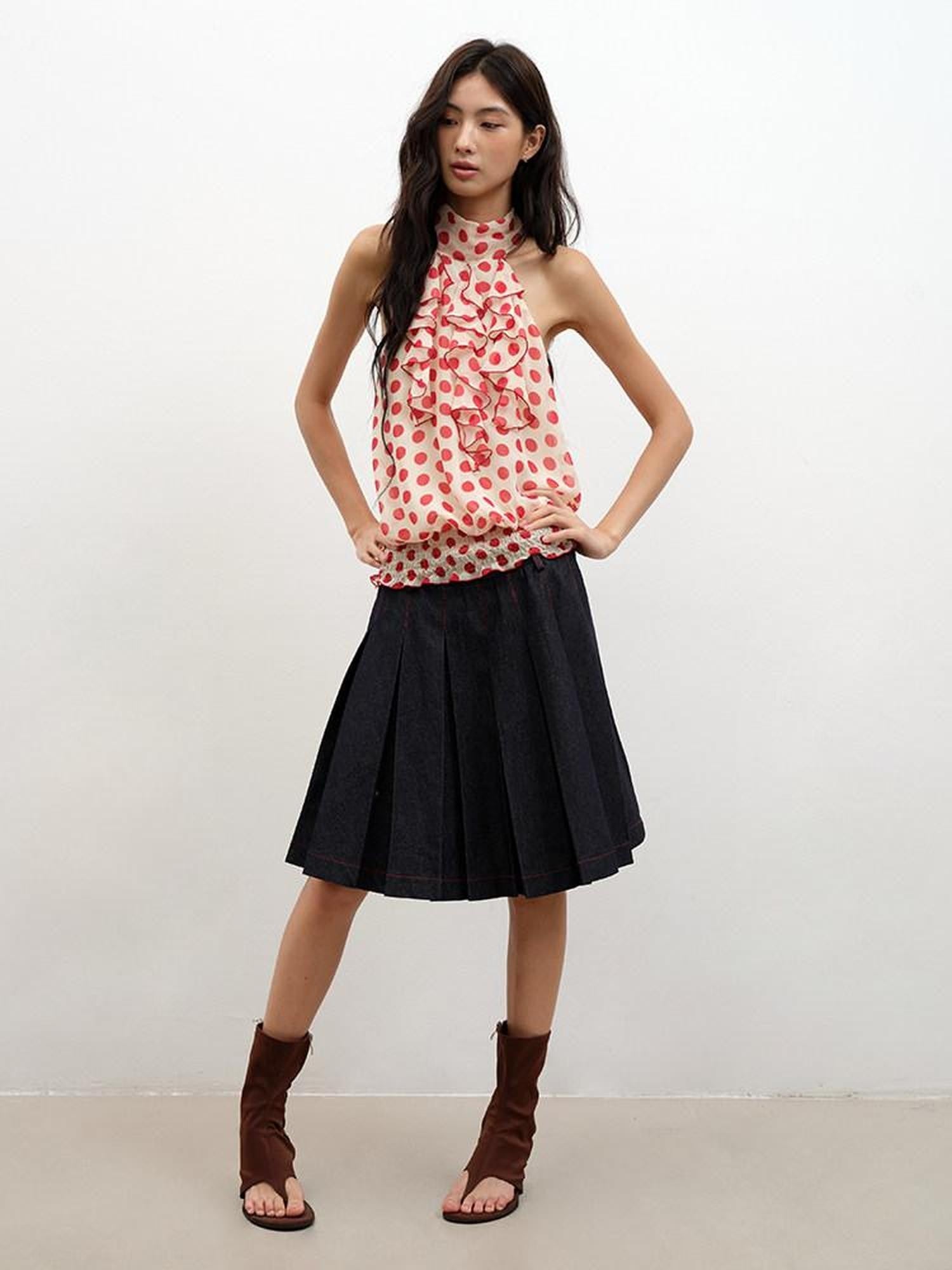 lvetong Denim Blue Pressed Pleats Aline Mid Waist Women&
